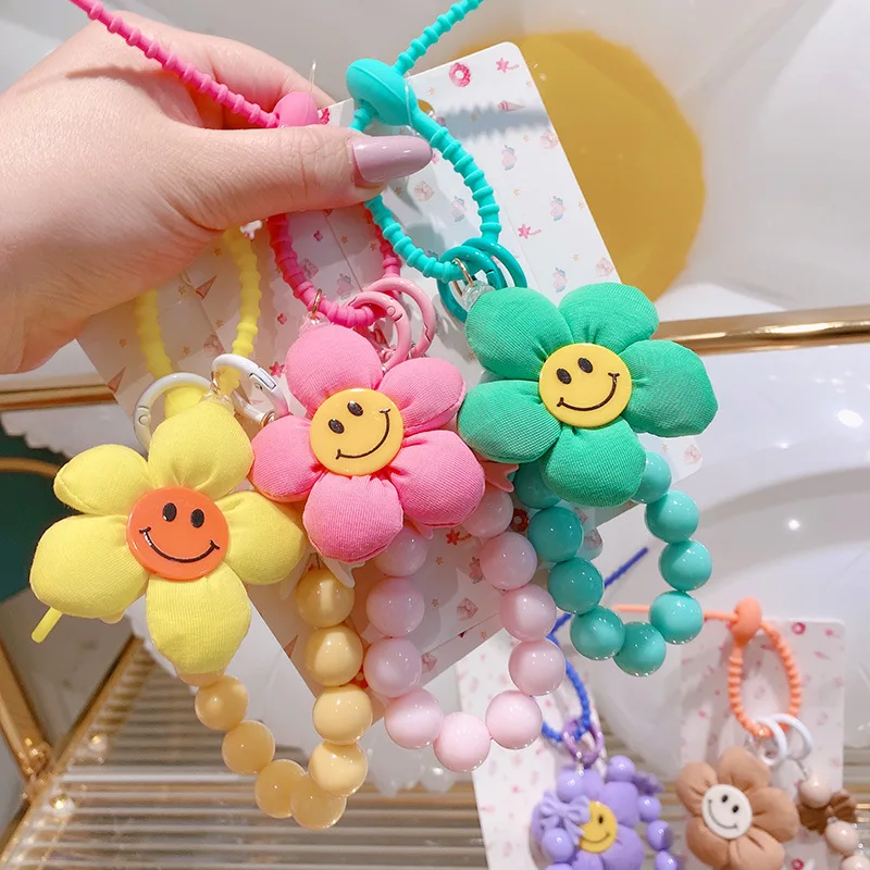 

Fashion Smiley Face Flower Silicone Keychain Portable Anti Release String Keyring Women's Bag Decorative Pendant Gift