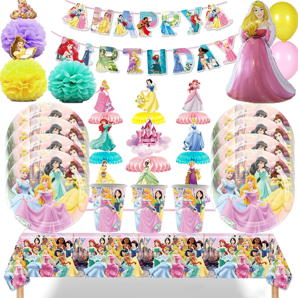 

Princess Party Birthday Decorations Tableware Balloon Banner Tablecloth Paper Cups Plates Napkins for Kid Girl Adult Party