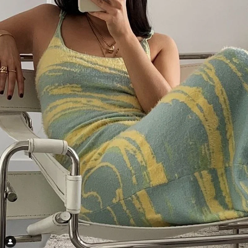 

Aesthetic Fashion Print Women Dress Y2K 2023 Summer New Sleeveless Sexy Bodycon Knitted Dress Spaghetti Strap Beach Midi Dresses