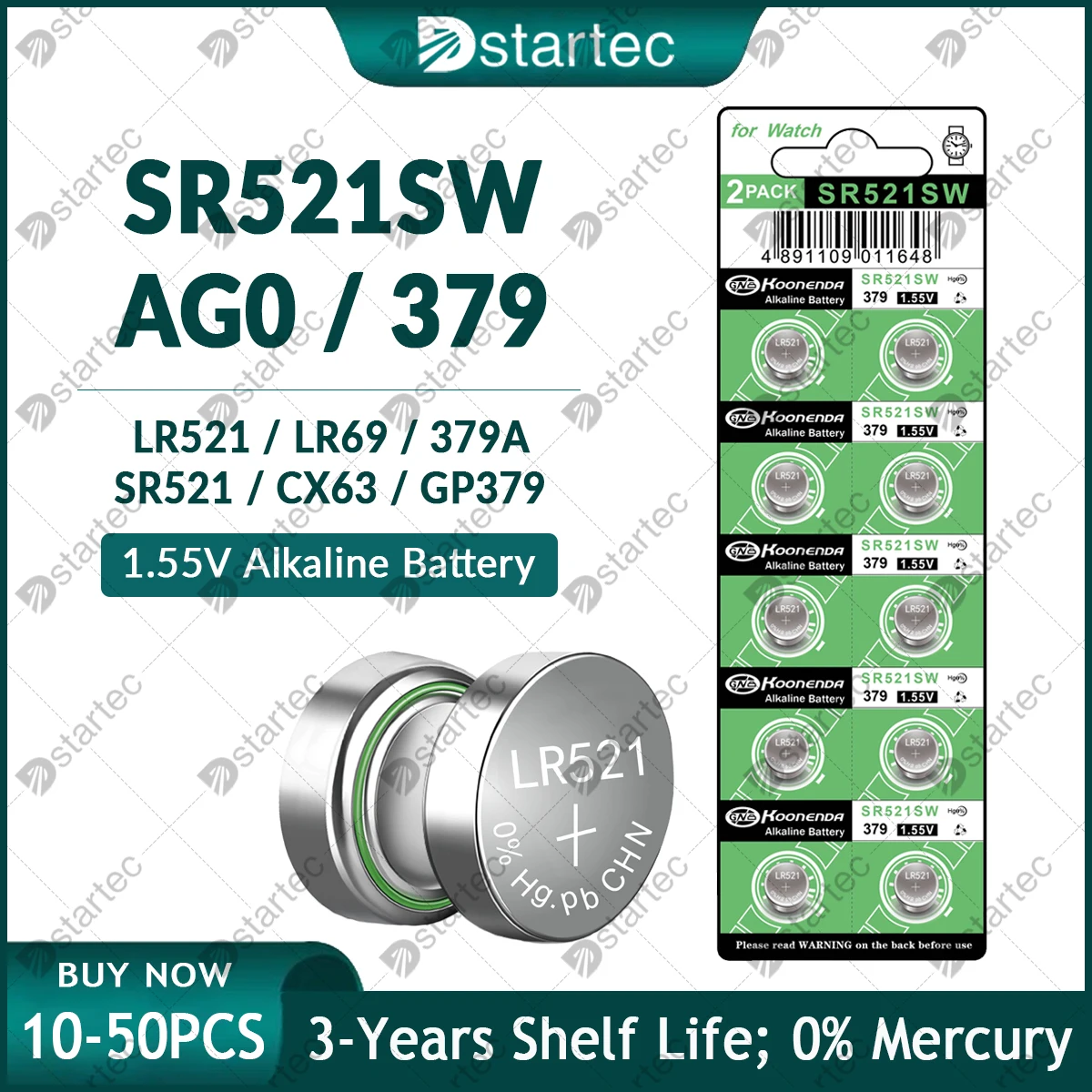 Koonenda LR521 AG0 1.55V Щелочная кнопка Аккумулятор SR521SW 379 SR521 179 SR63 Часы Ключ Фонарь