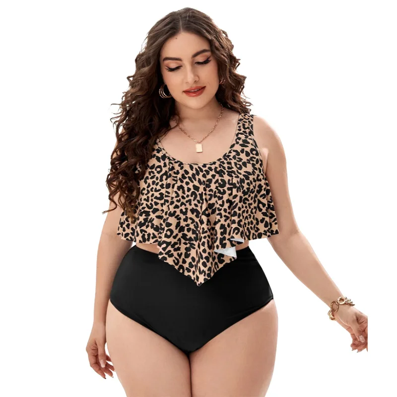 

High Waist Plus Size Printed Polyester Bikini 2022 European And American Summer New Beach Ruffles Split Swimwear For Women