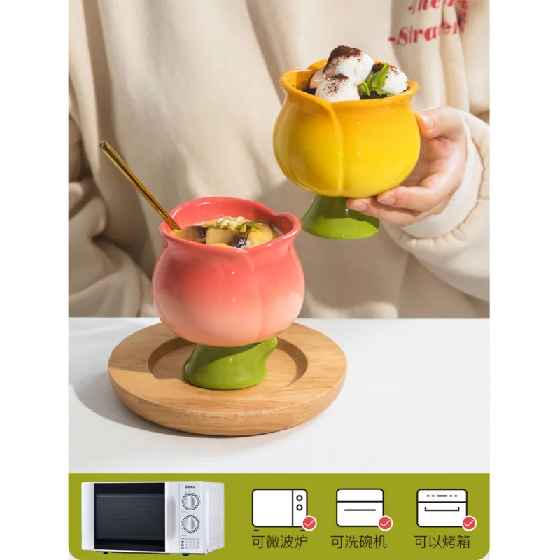 

Чашка-Тюльпан для мороженого, керамические чашки неправильной формы с цветами, кофейная чашка, ручная роспись, десертная чашка, молочный ко...