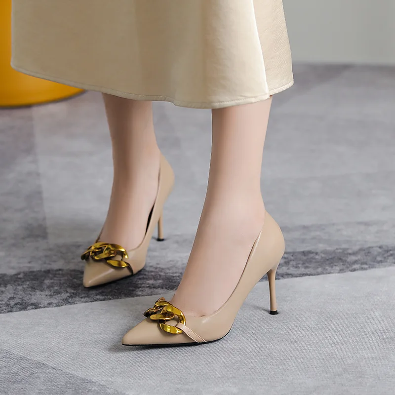 

6cm New Fashion Pointed Toe with Gold Chains Pumps Thin High Heels Elegant Banquet Women Khaki Shoes 41 42 43