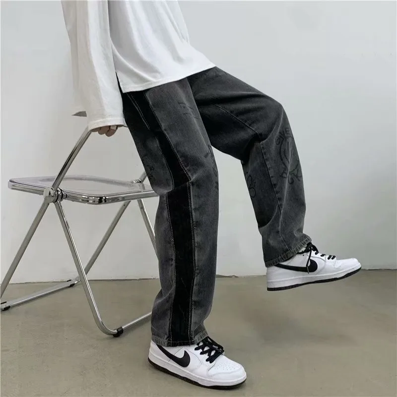 Four Seasons Men's Jeans Loose Fashion Floor Trousers Personality Printing Straight Loose Fashion Brand Streetwear Ins Hot Sale