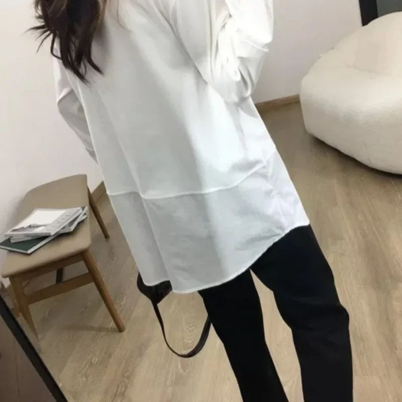 Белые футболки женские в стиле пэчворк весна осень свободные с длинным рукавом