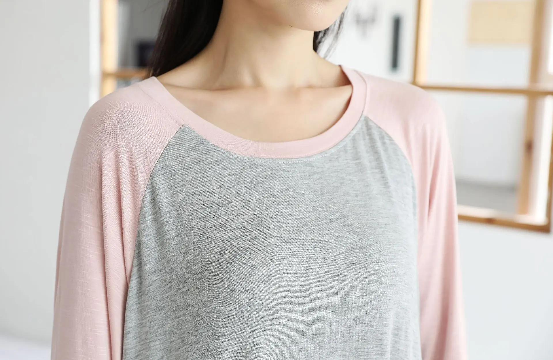 Korean Version Loose Nightdress Women Long Sleeve Modal Round Neck Sleep Dress Matching Color Nightshirt Female Sleepwear