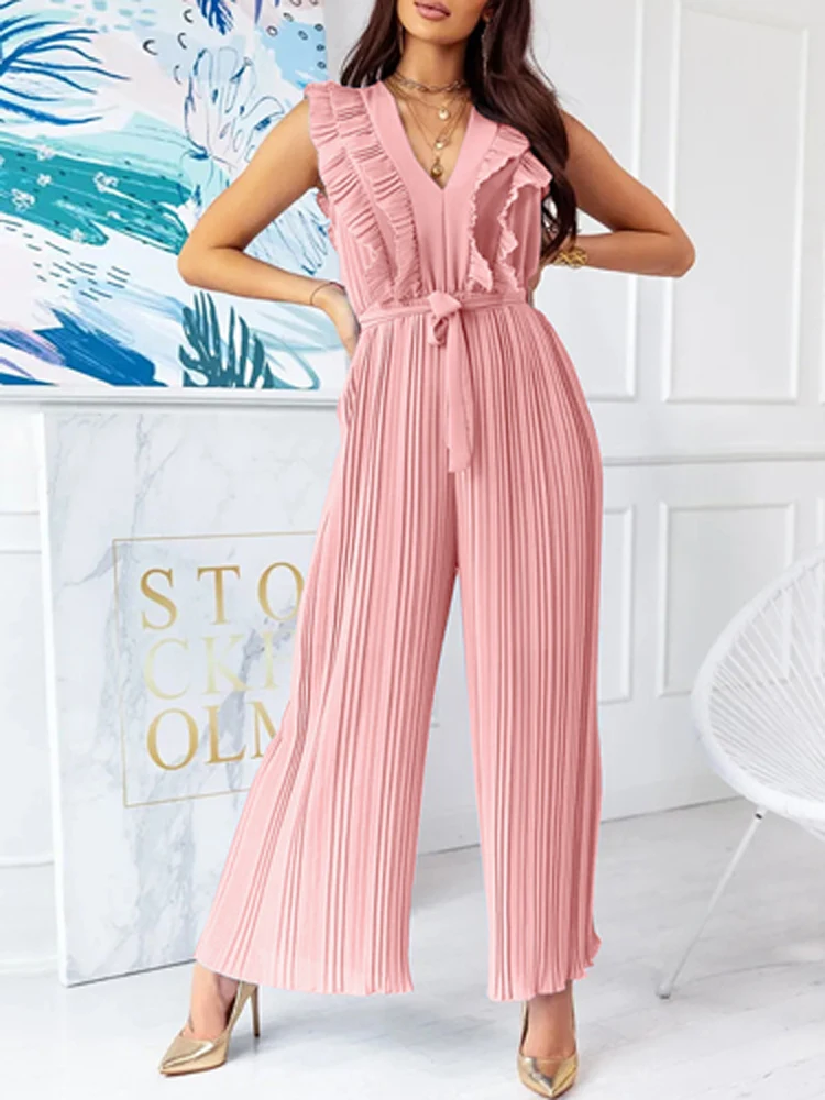 

Summer Wide Leg Pants Belted Rompers Sexy V Neck Ruffle Rib Folds Pleated Women Jumpsuit Spring Butterfly Sleeve Office Playsuit