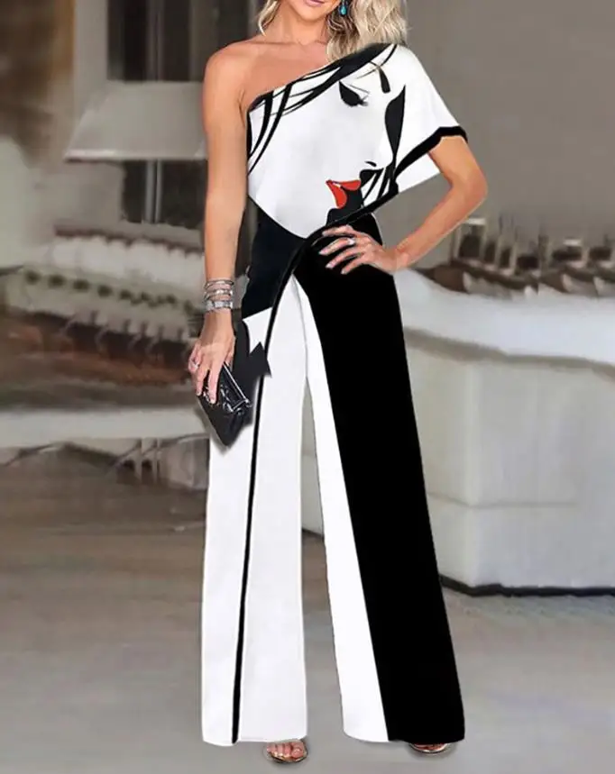 2022 Women's Casual Jumpsuit Elegant Abstract Graphic Print Color Blocking One Shoulder Short Sleeve Workwear Ladies Jumpsuit