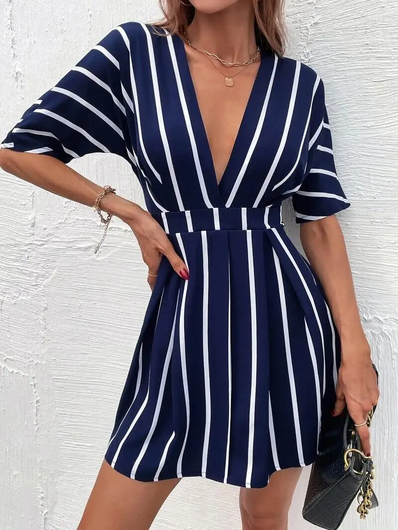 2023 Summer Dresses for Women Casual Long Women's Striped Print Wrap V Neck Short Sleeve A Daytime Dresses Women Casual 3