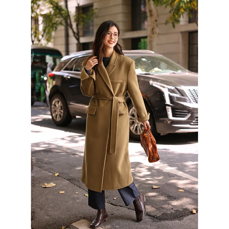 

2023 autumn/winter new camel colored tie up for slimming effect Shoulder padded 100% sheep wool double-sided woolen coat women's