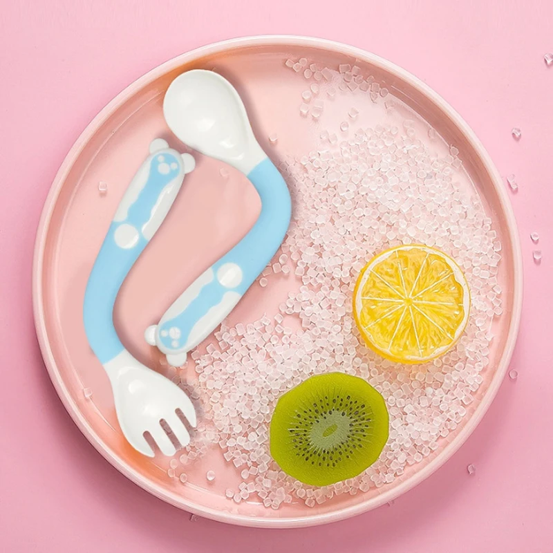 

2Pcs Solid Color Baby Spoon Fork Set Bendable Soft Silicone Toddler Flatware Training Feeding Spoons for Children Kids