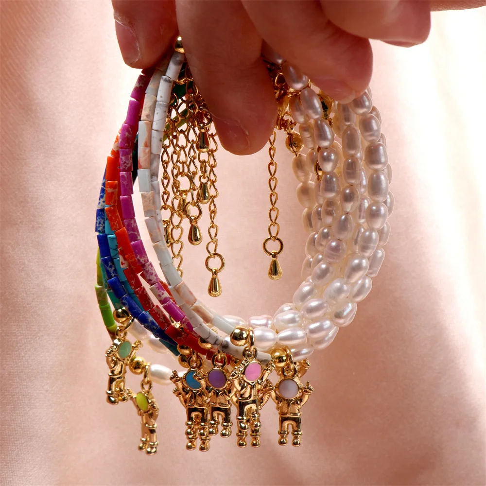

PONYKISS Classic 925 Sterling Silver Astronaut Colorful Semi-precious Stone Beads Pearl Bracelet for Women INS Jewelry Gifts