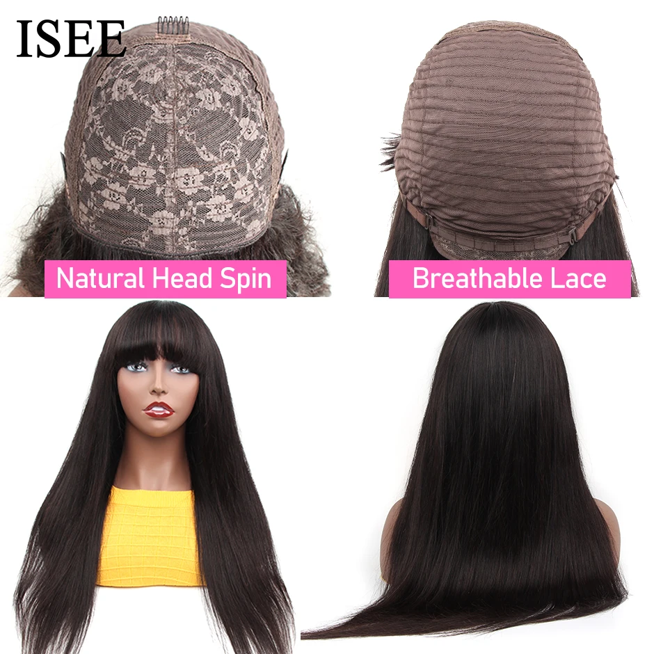 Фото ISEEHAIR аппарат для пришивания волос, парик из натуральных волос, прямой малайзийский парик с челкой, натуральный цвет для женщин, парики без к... №3