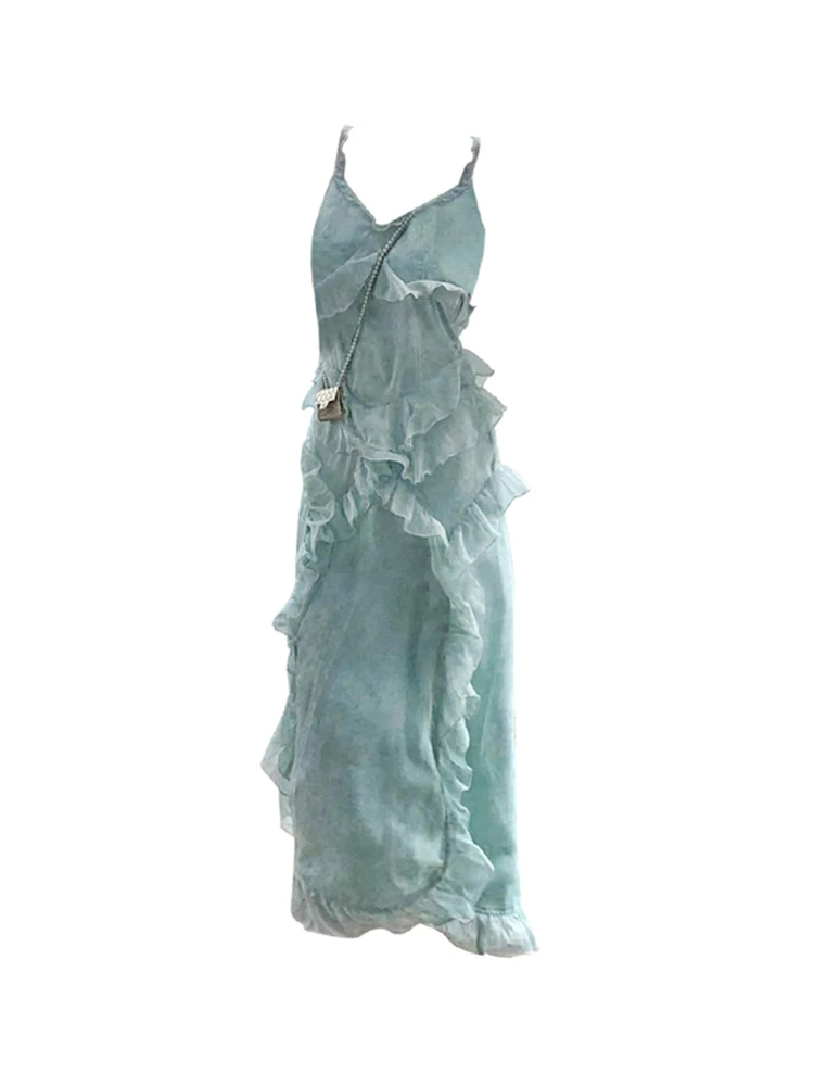 

2023 Summer Fairycore Backless V-Neck Asymmetrical Suspender Dresses Women's Vestido French Elegant Party Dress Female Clothes