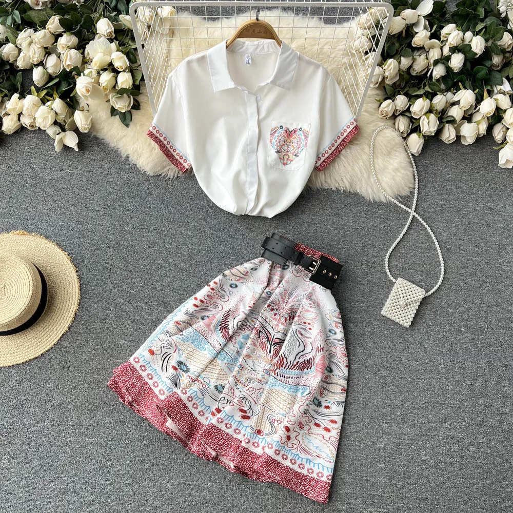 

Amolapha Summer 2-piece Women Sets Fashion Vintage Embroidery Shirts+High Waist Bleted Pleated Skirt Clothing Suits