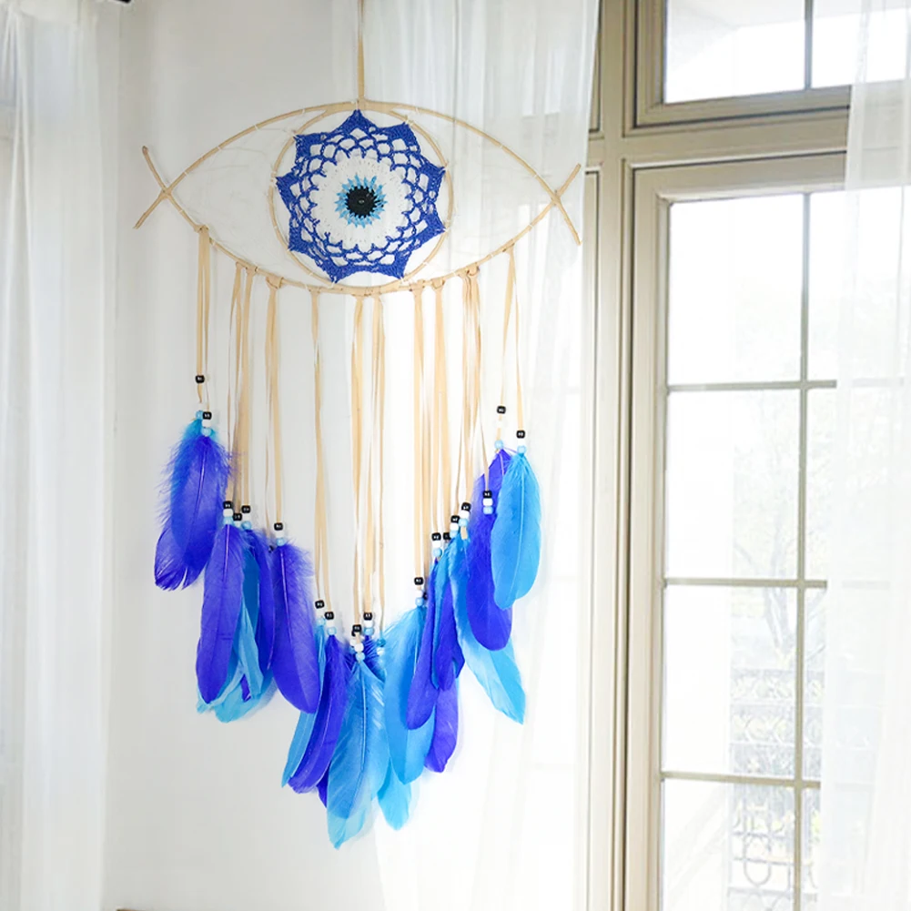 Nordic Devil Eye Dream Catcher Tassel Blue Feather Baby Girl Room Home Hanging Decor Wall Art Wind Chime Wedding Party Supplies