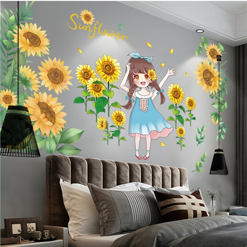 

Cartoon Girl Wall Sticker Decor DIY Sunflowers Plants Mural Decals for Kids Rooms Baby Bedroom Children Nursery Home Decoration