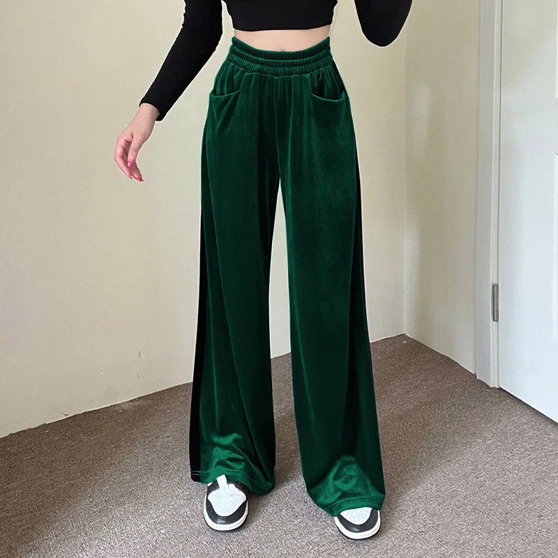 Spring Women's Wide Leg Velvet Pants Casual Elastic High Waist Contrast Color Loose Pants High Streetwear Fashion Outfits Soft