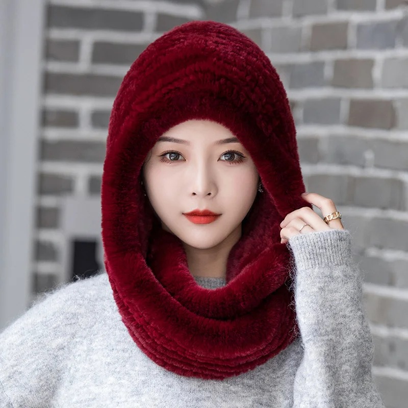 100% Real Fur New Women Real Knitted Rex Rabbit Fur Hat Hooded Scarf Long Winter Warm Fur Hat With Neck Collar Scarves Hat Scarf images - 6