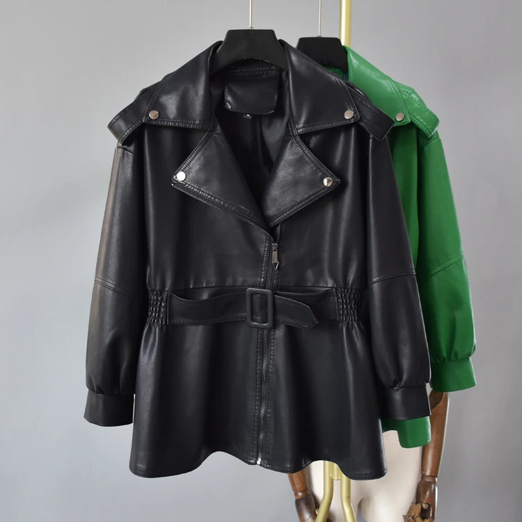 KoHuiJoo Faux Leather Jacket Women 2022 Korean Style Fashion Slim Tailored Collar Epaulet Zipper PU Leather Coat Trench Green enlarge