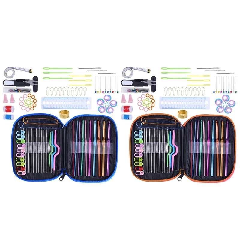 

200Pcs Crochet Hook Set With Yarn Knitting Needles Sewing Tools Knit Gauge Stitch DIY Craft Tools Kit (Orange & Blue)