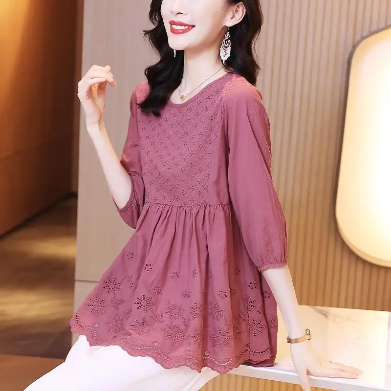 

Cotton liner women's summer 2022 high-end heavy work embroidery literary women's large size cover belly in the sleeves blouse