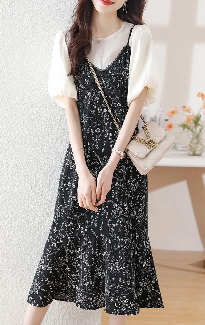 

2023 Spring/Summer Fashion New Women's Clothing Puff Sleeve Tencel Shirt with Suspenders Floral Skirt Suit 0801