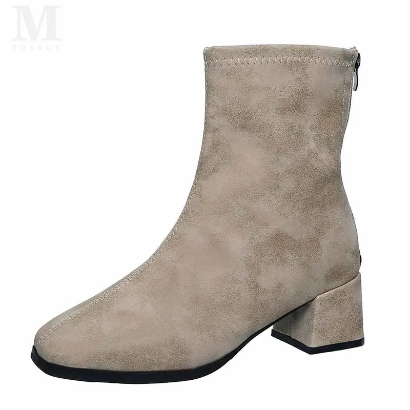 Женские ботильоны на массивном каблуке модные кожаные ботинки с квадратным