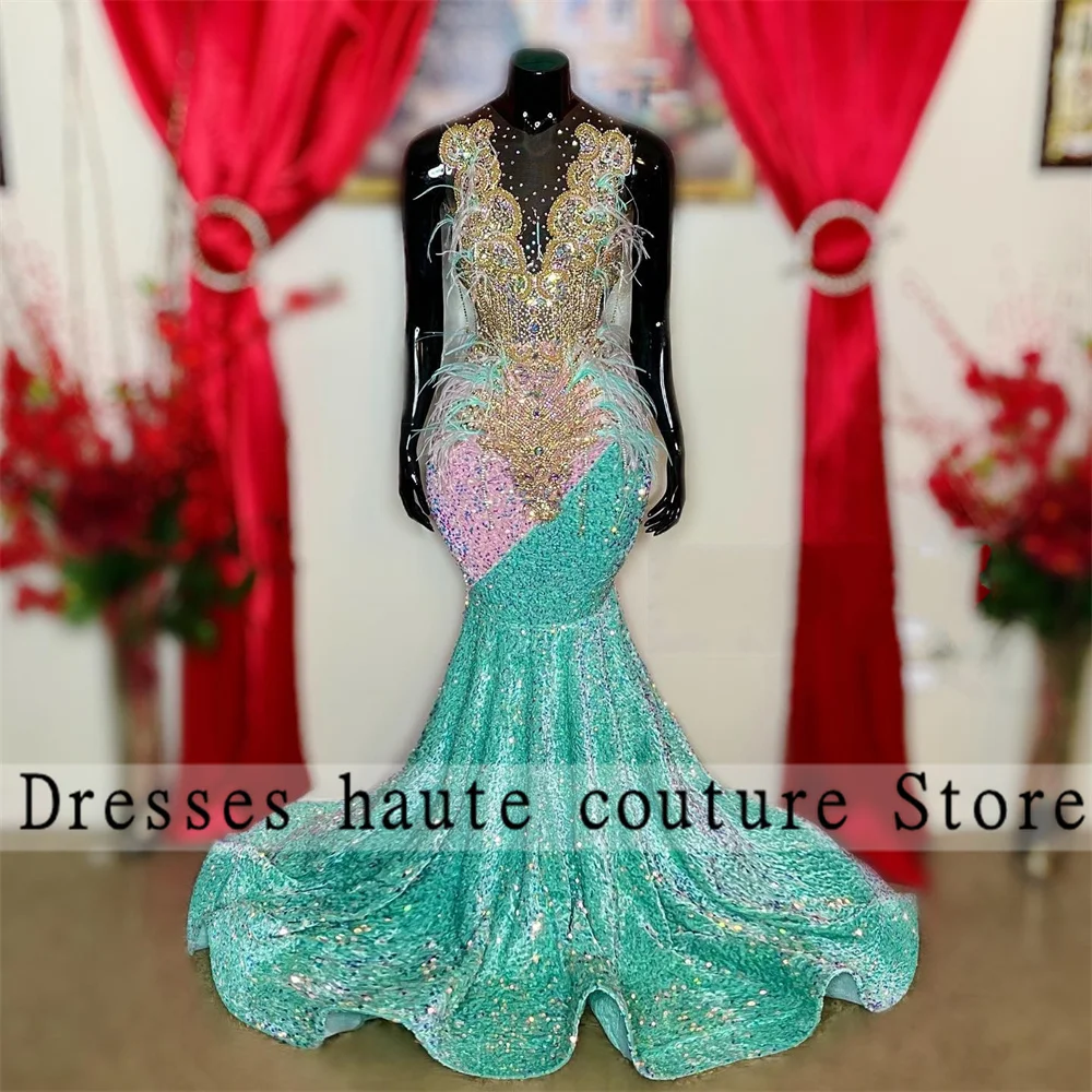 

Sexy Sheer Neck Mermaid Prom Dresses 2022 Feathers Beads Crystal Party Dress Formal Evening Gowns Vestido De Fiesta