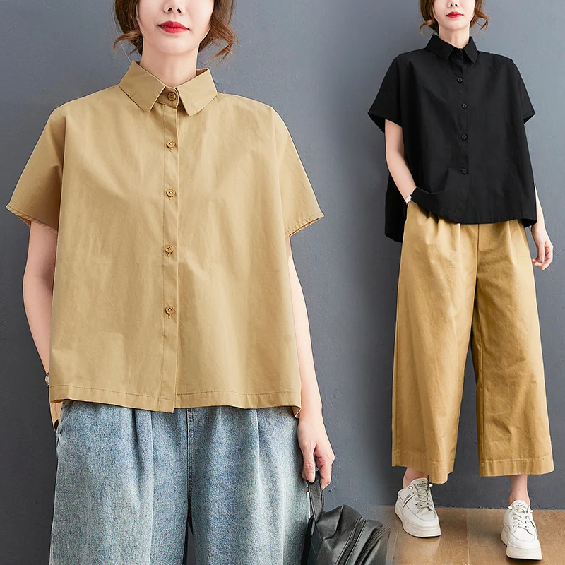 

2022 Summer New Retro Back Split Short Sleeve Shirt Loose Lapel Top Women