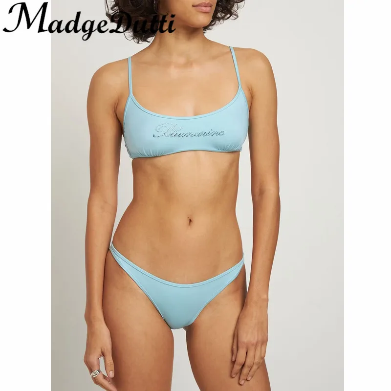 

3,30 MadgeDutti модный сексуальный комплект бикини с надписью кристаллы бриллианты тонкие бретельки под бюстгальтер + трусы комплект из 2 частей для женщин