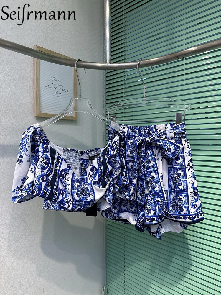 

Женский комплект с шортами Seifrmann, модный дизайнерский комплект из топа с вырезом лодочкой и шорт с бантом, сине-белый фарфоровый костюм на лето