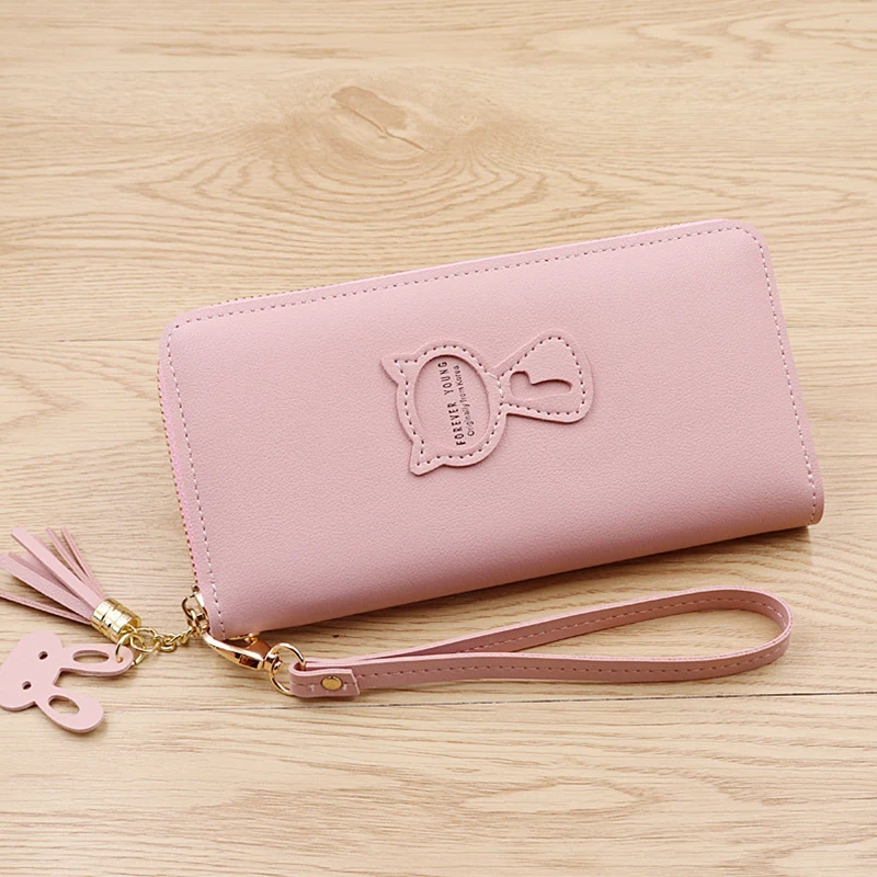 

Women's Long Wallets and Card Holder Simple Pu Solid Color Zipper Female Purses Cute Cat Letter Print Ladies Mobile Phone Bags