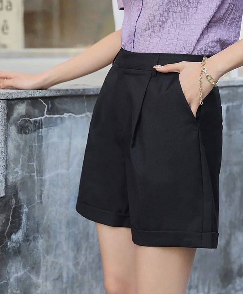 2021 Summer Women New High Waist Loose Flanging Casual Short Korean Fashion Solid Color Office Lady Shorts Chic Slim Straight