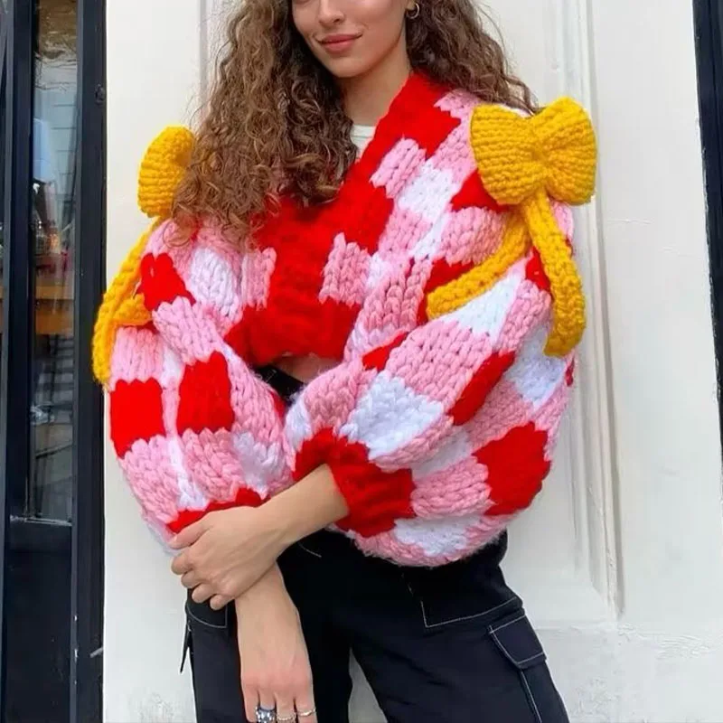 

ZATRHMBM Elegant Sweater Women 2022 Autumn Fashion Fully Hand Woven Bow Cardigan Vintage Long Sleeve Female Sweaters Chic Top