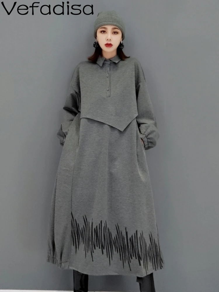 

Vefadisa Women Long Sleeve Lapel Dress Loose Leisure Mid-length Fake Two Solid Color Dress Personalized Grey 2023 Autumn LHX1857