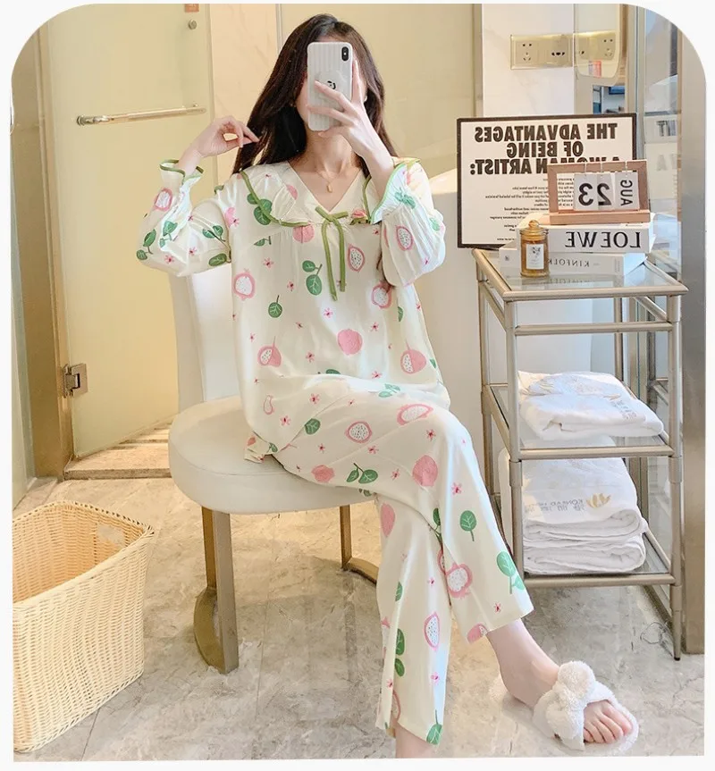Korean Version Of Student Home Cloths Long-sleeve Cotton Silk Suit Garden Collar Casual Breathable Women's Wear 2023 New Edition