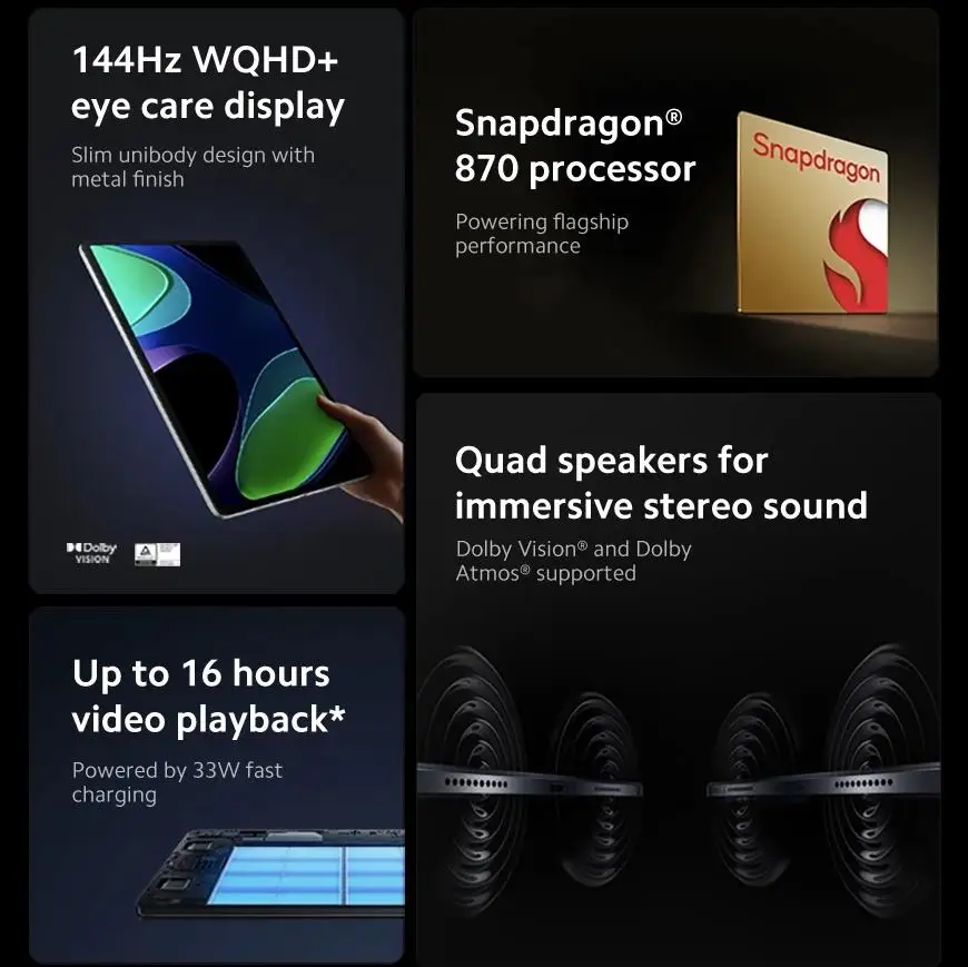 Глобальная версия Xiaomi Pad 6 11-дюймовый дисплей WQHD + Eyes Care Snapdragon ® 870