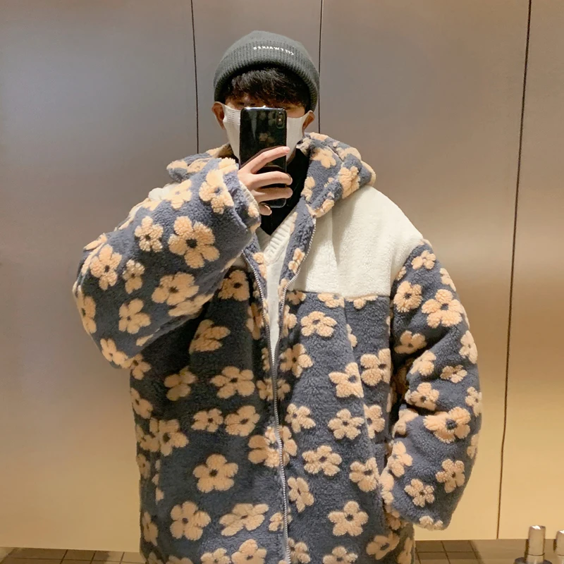 Winter Jacket Men Warm Fashion Casual Thickened Lamb Wool Jacket Men Streetwear Loose Short Coat Mens Thick Flowers Jackets Coat