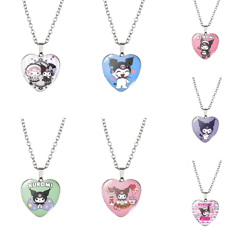 

Sanrio Kawaii Kuromi ожерелье в форме сердца с драгоценными камнями аниме мультфильм кулон ожерелье для девушек Изысканная искусственная оптовая пр...