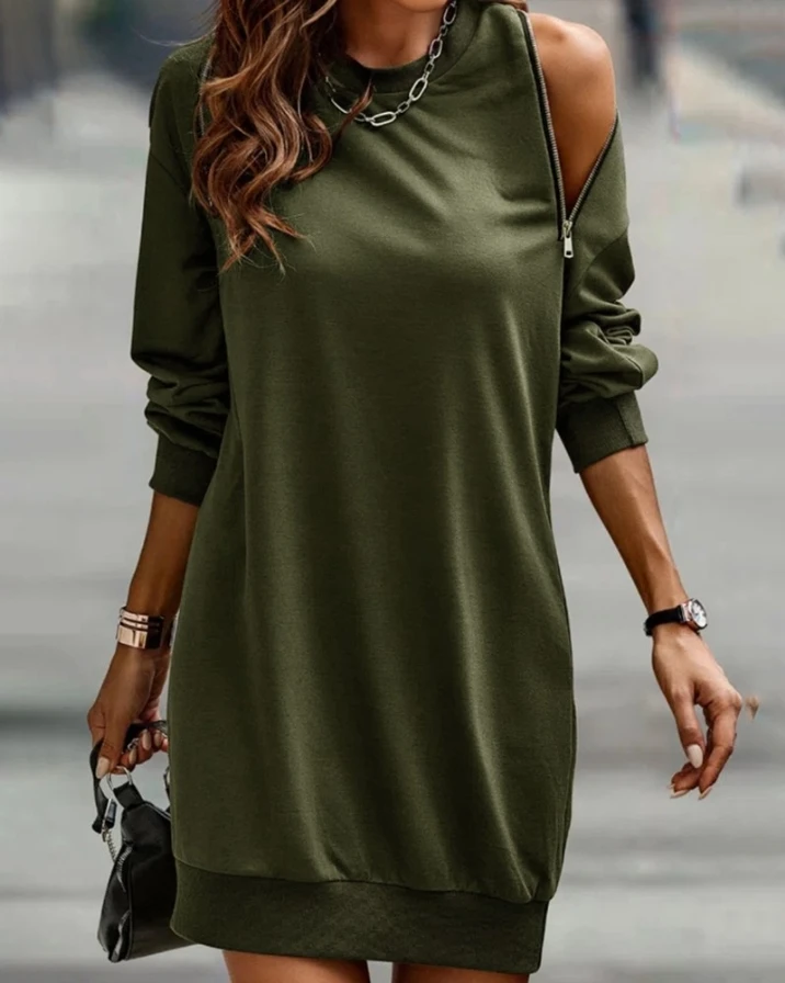 

Autumn Clothes New Casual Beach Dress Women's Round Neck Party Winter Dress Zipper Design Long Sleeve Loose Plain Mini Dress