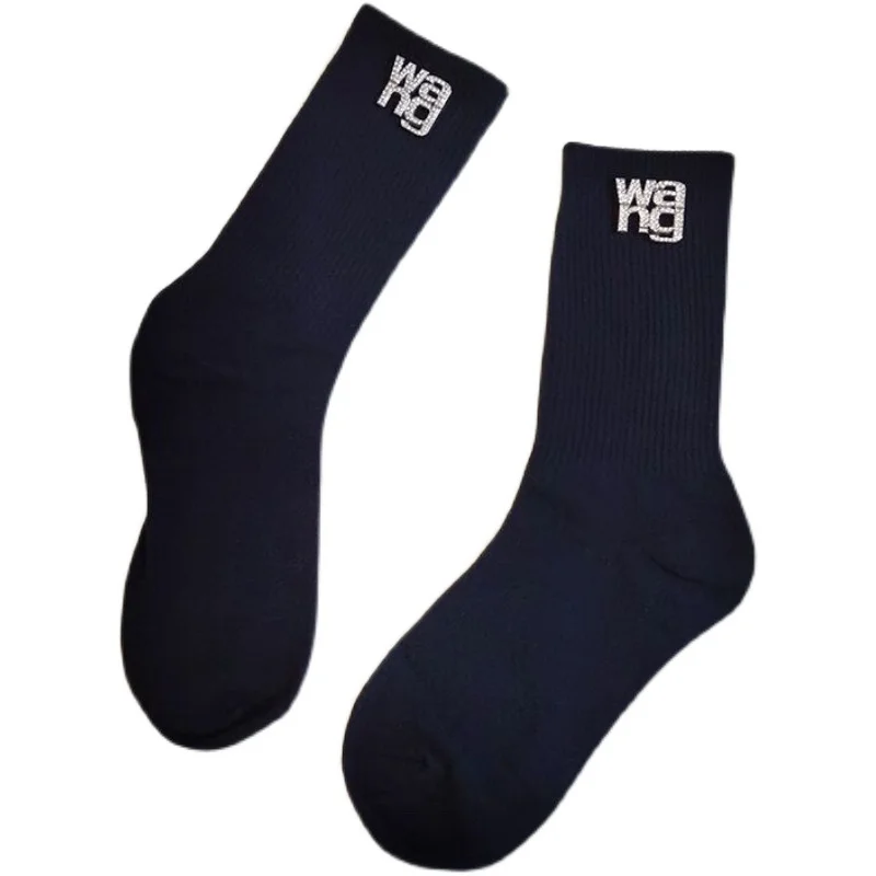 Removable Pin Rhinestone Black Socks for Women Fashion All-match Four Seasons Wearing Medium Tube Cotton Stocking Trendy 4colors