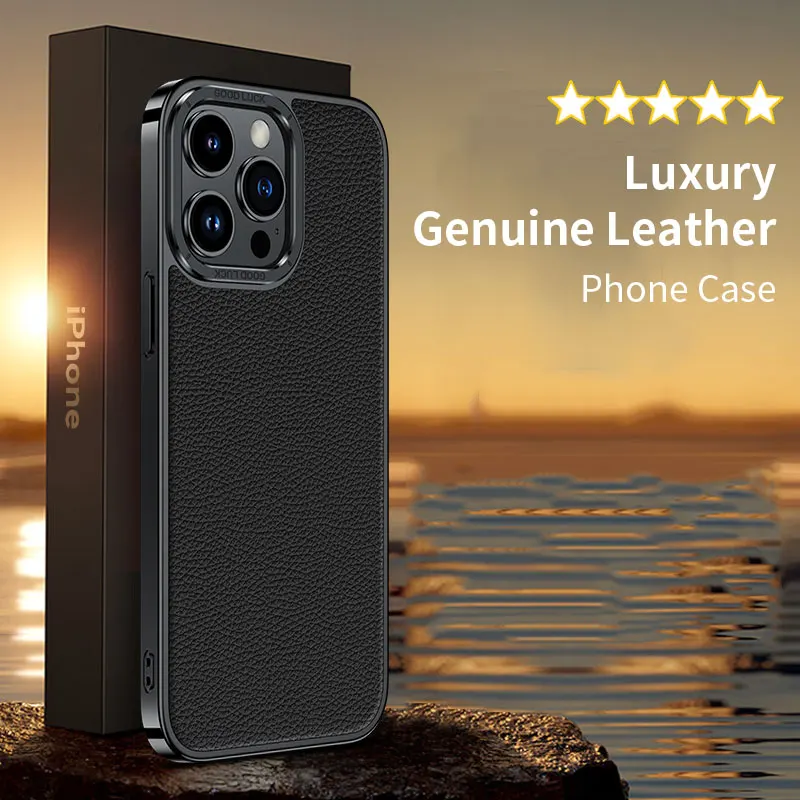 

Luxury Genuine Leather Phone Case For iPhone 12 14 12 Pro Max Plating Frame Metal Lens Protection Real Leather Soft Phone Cover