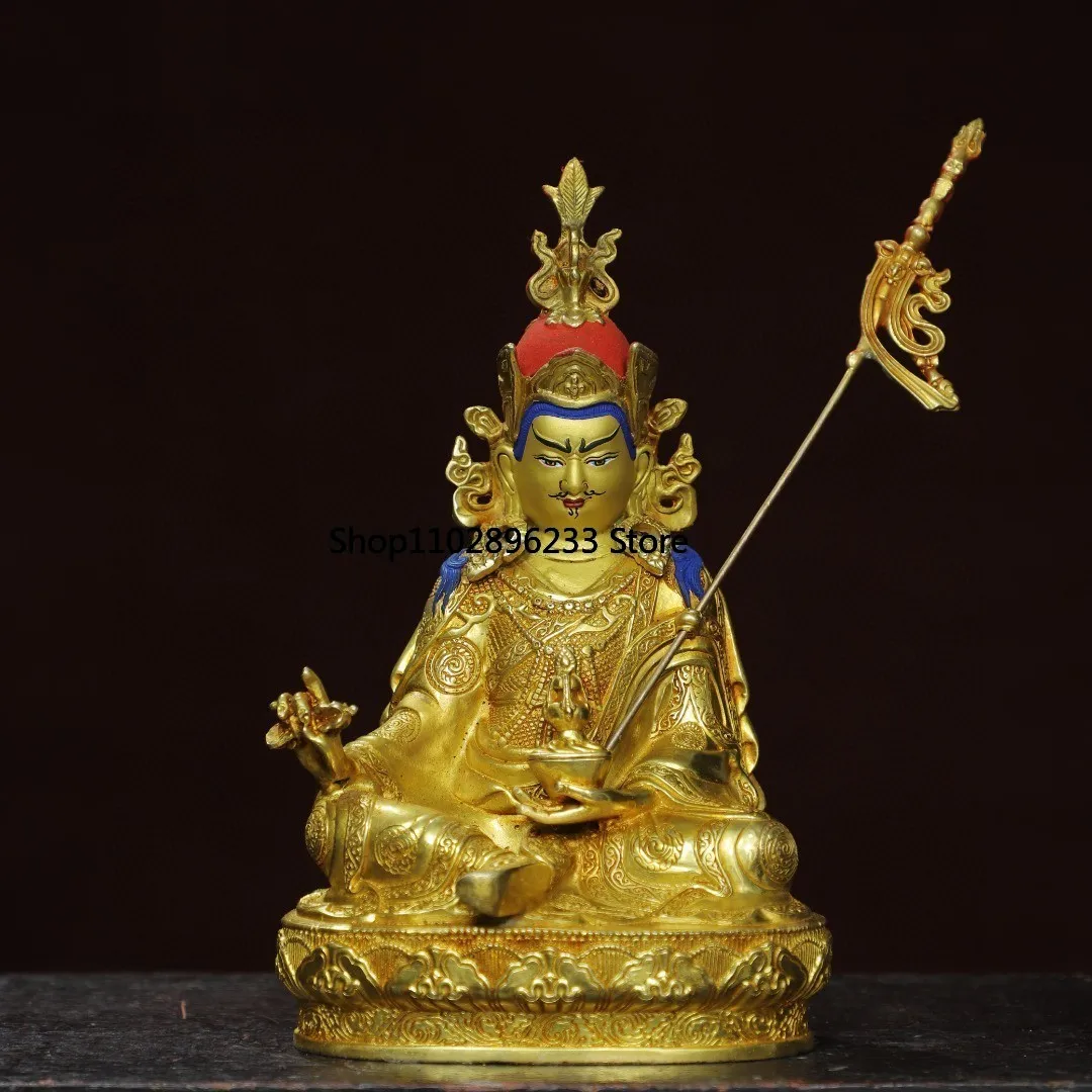 Тибетская латунь окрашенное лицо позолоченный лотос гуру арахиса сидячая статуя