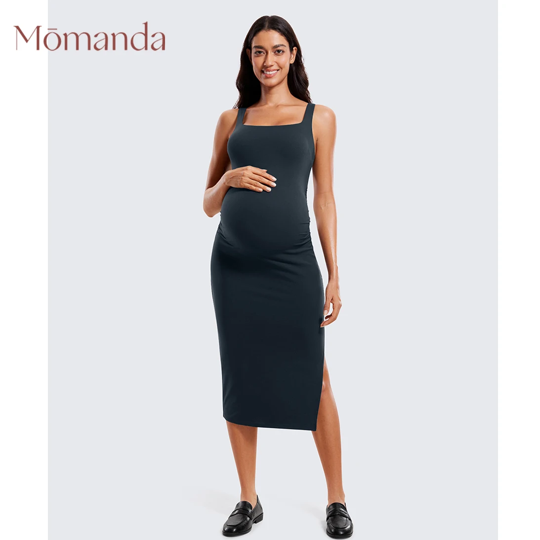 Женское платье для беременных с разрезом и рюшами без рукавов