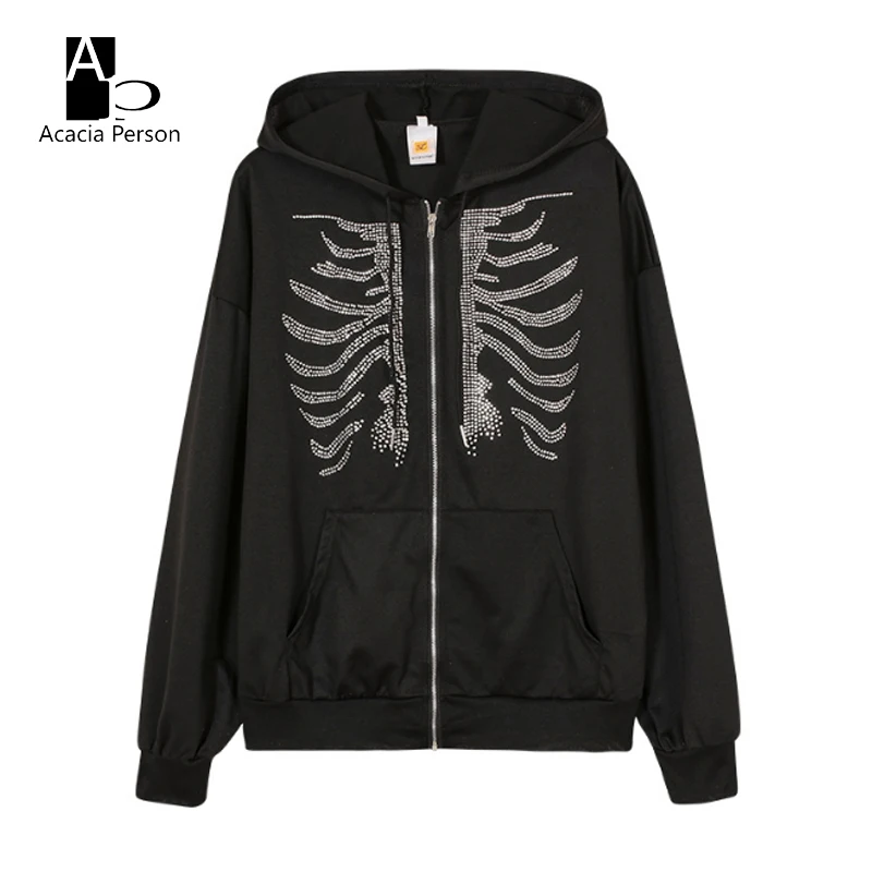 Y2K Rhinestone Skeleton Zip Up Oversized Sweatshirts 2022 autumn Goth Hoodies Women Jacket Streetwear Retro hoodie clothes