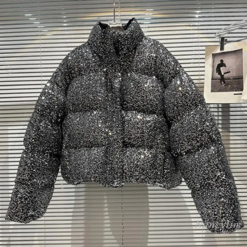 

Женская хлопковая стеганая куртка, блестящая теплая парка с блестками в уличном стиле, зима 2022