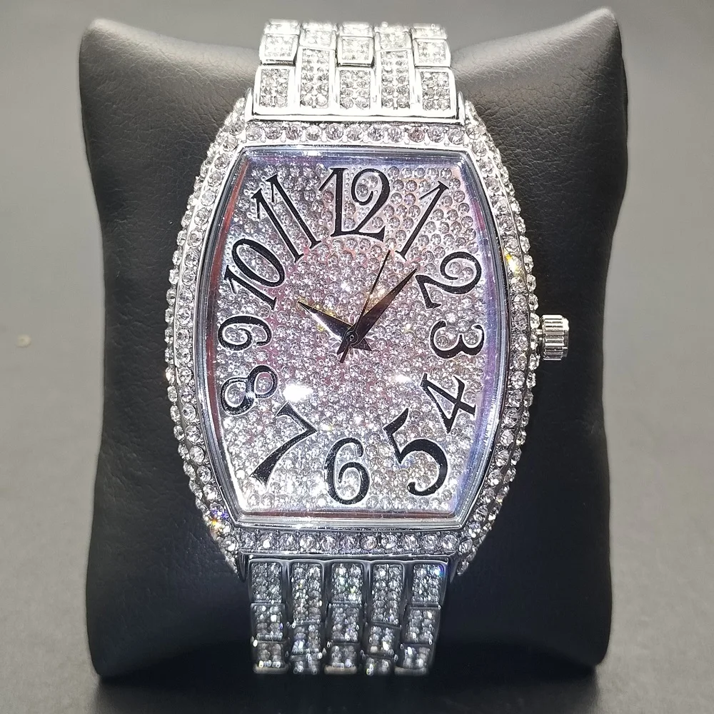 

MISSFOX Men Watches Hip Hop Tonneau Diamond Waterproof Male Quartz Wrist Watches Luxury Silver Color Stainless Steel Mens Clocks