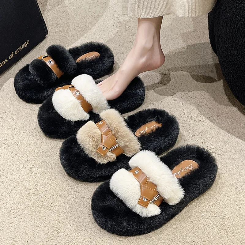 

Шлепанцы женские из флока, меховые сандалии на платформе, роскошные Тапочки, разноцветные, плоская подошва, плюш, 2023