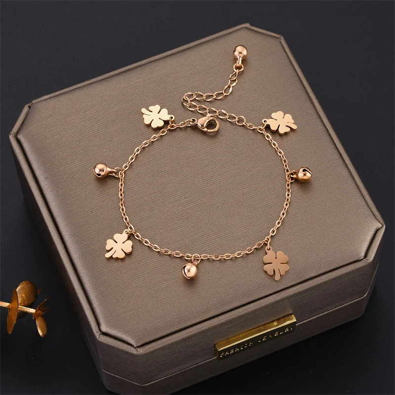 

New Style Gold Plated Titanium Steel Lucky Four Leaf Clover Charms Bracelet For Women Fashion Jewelry Gift